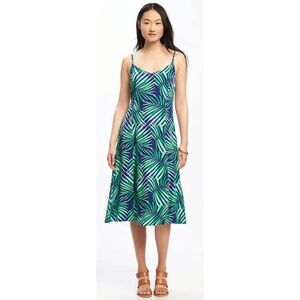 Old Navy Dress Midi Green Blue Palm Leaf Tropical Print Sz M New